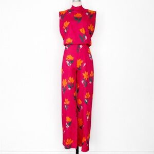 Zara Hot Pink Floral High-Neck Jumpsuit | M